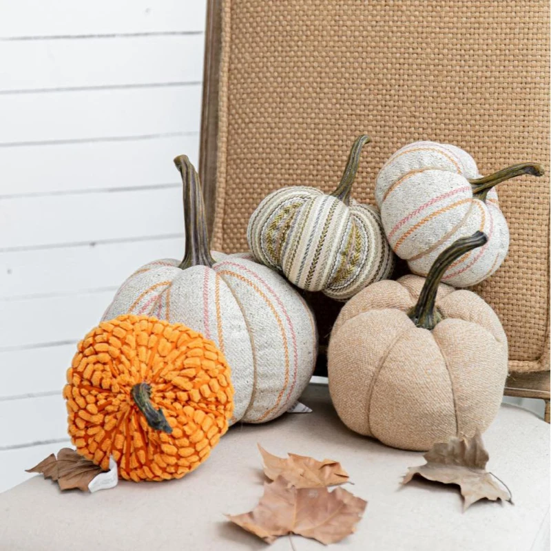 Set of 2 Fabric Weighted Pumpkin Ornaments, for Holiday Harvest, Fall Festival, and Thanksgiving Decor, 7" L x 7" W x 8" H, Beige