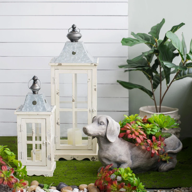 Set of 2 Decorative Hurricane Lantern Holder with Wood and Glass Construction, Candle Lantern Set for Home Garden Wedding Decor, Ivory