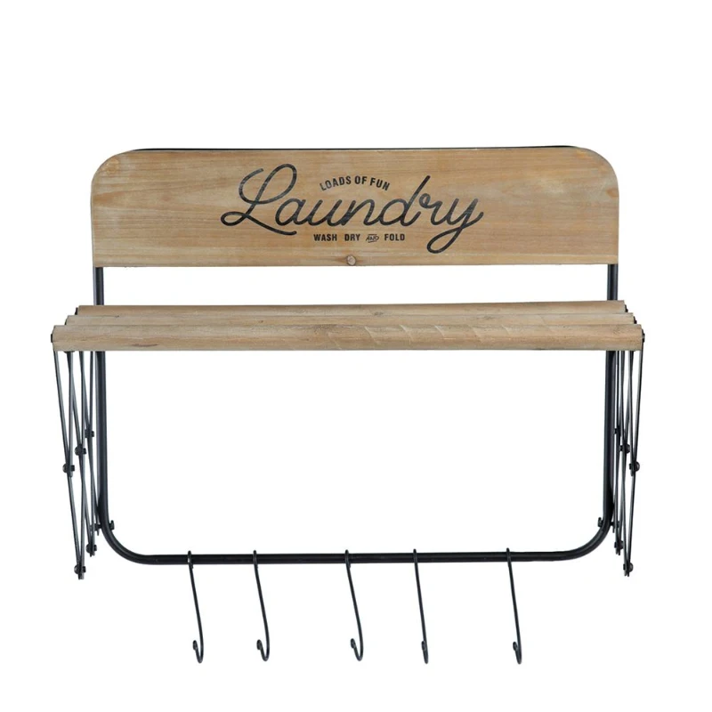 Vintage Farmhouse Charm Wall-Mounted Laundry Rack with Accordion Design, 3 Wooden Bars, 5 Hooks, for Towels and Delicates, Black Brown