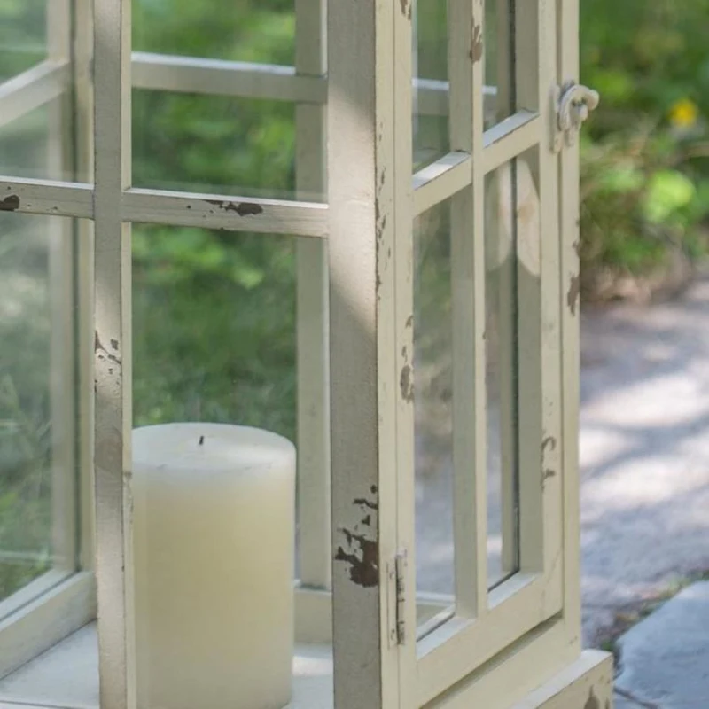 Set of 2 Decorative Hurricane Lantern Holder with Wood and Glass Construction, Candle Lantern Set for Home Garden Wedding Decor, Ivory