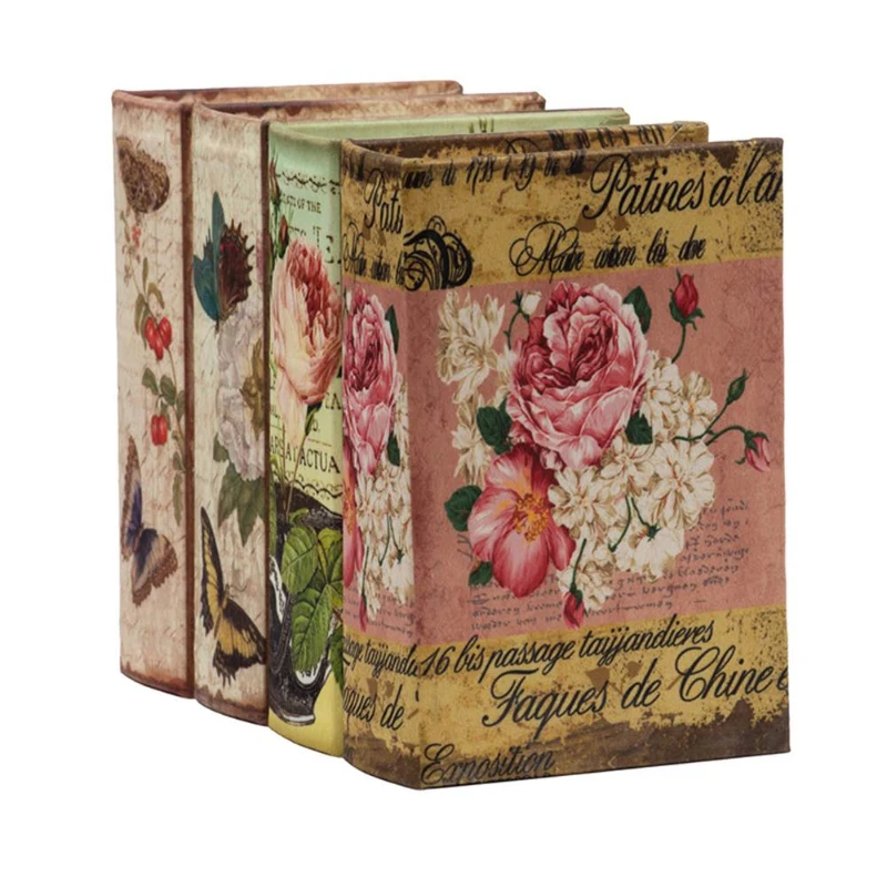 Set of 4 Elegant Design Decorative Book Boxes with Flowers, Butterflies, 4" L x 2" W x 5.5" H, Multicolor