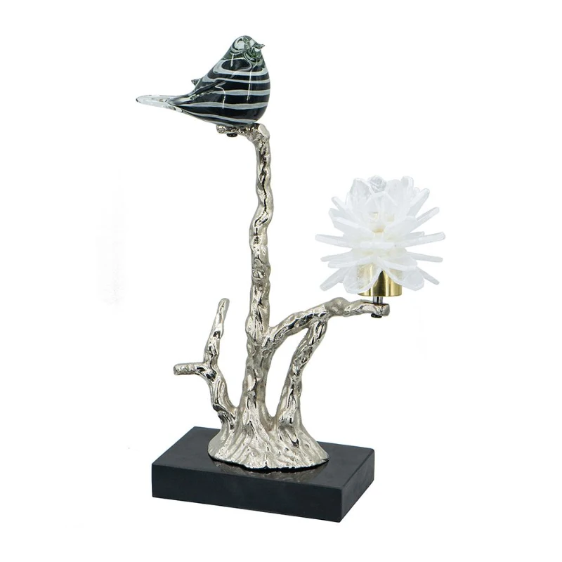 Aluminum Candle Holder with Marble Stand, Nature-Inspired Bird Figurine on Silver Branch, 8" L x 5" W x 15" H, Multicolor