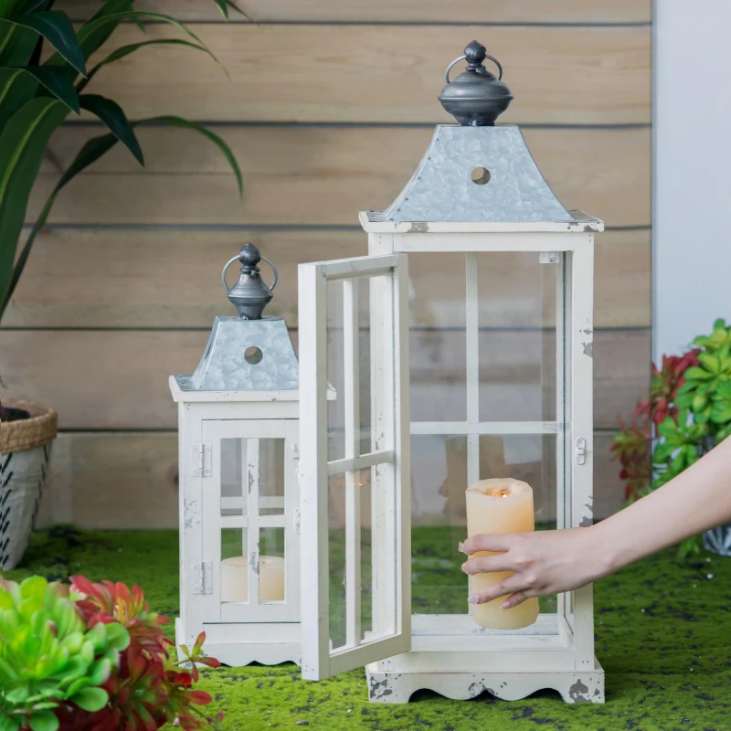 Set of 2 Decorative Hurricane Lantern Holder with Wood and Glass Construction, Candle Lantern Set for Home Garden Wedding Decor, Ivory