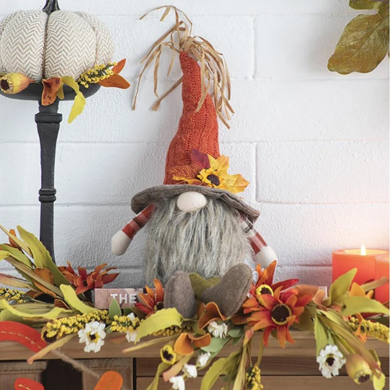 Set of 2 Fabric Sitting Gnomes with Maple Leaf Hat Table Decorations, Perfect Decor for Holiday Harvest and Thanksgiving, Orange Multicolor