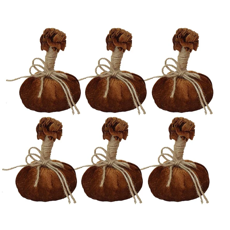 Set of 6 Small Pumpkin Ornaments with Lifelike Detailing and Jute Stem, Fall Decor for Holiday Harvest and Thanksgiving, Brown Multicolor