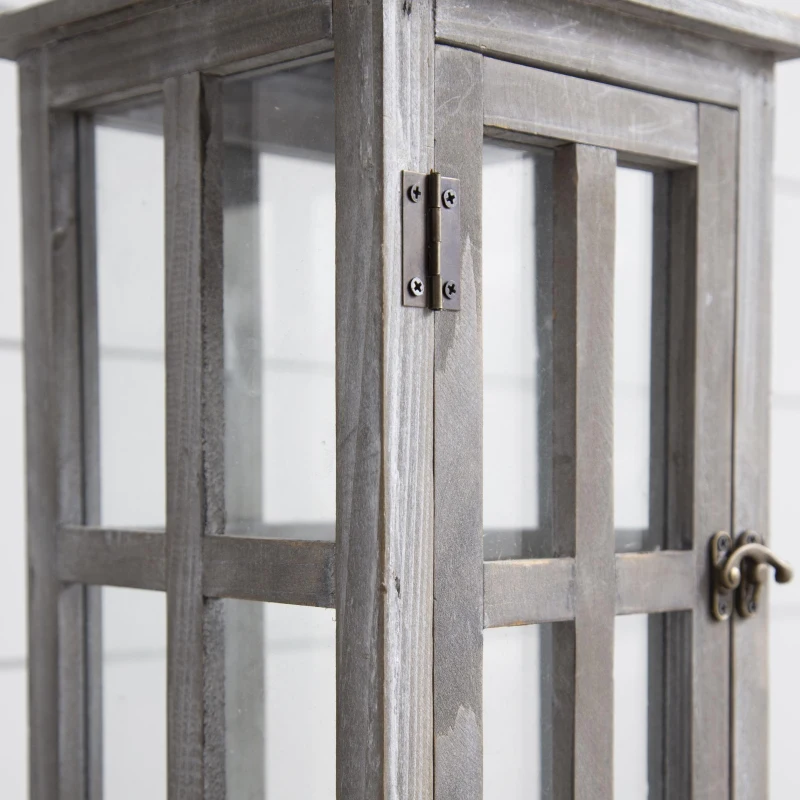 Set of 2 Decorative Hurricane Lantern Holder with Wood and Glass Construction, Candle Lantern Set for Home Garden Wedding Decor, Gray