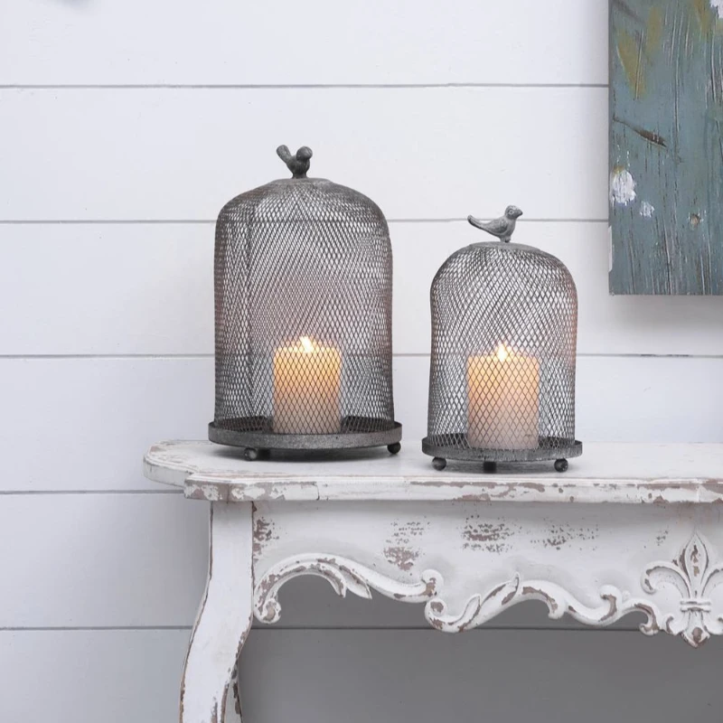 Set of 2 Iron Mesh Candle Holders with Bird Design, Versatile Home Decor for Shelves and Tables, Antique Gray