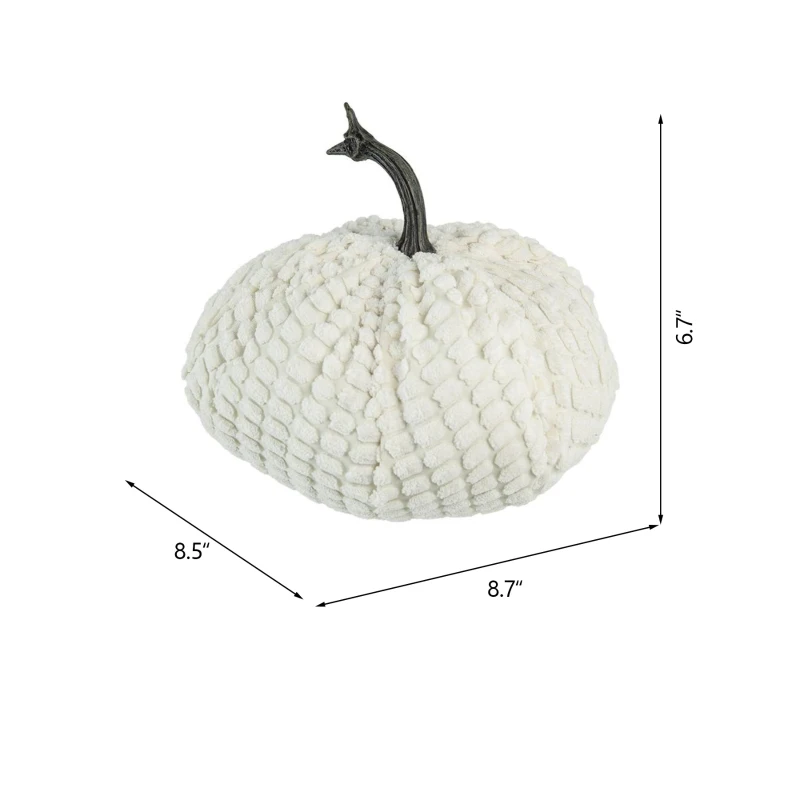 Set of 2 Chenille Weighted Pumpkin Ornaments, Holiday Harvest Festival Decor, 9" L x 8.5" W x 7" H, White