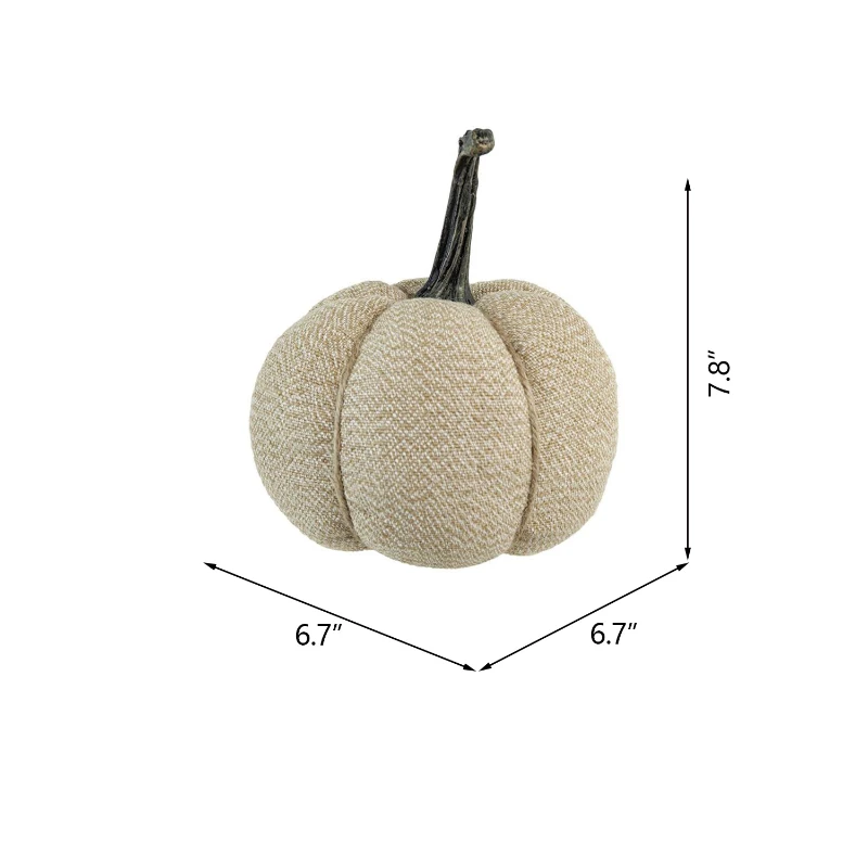 Set of 2 Fabric Weighted Pumpkin Ornaments, for Holiday Harvest, Fall Festival, and Thanksgiving Decor, 7" L x 7" W x 8" H, Beige