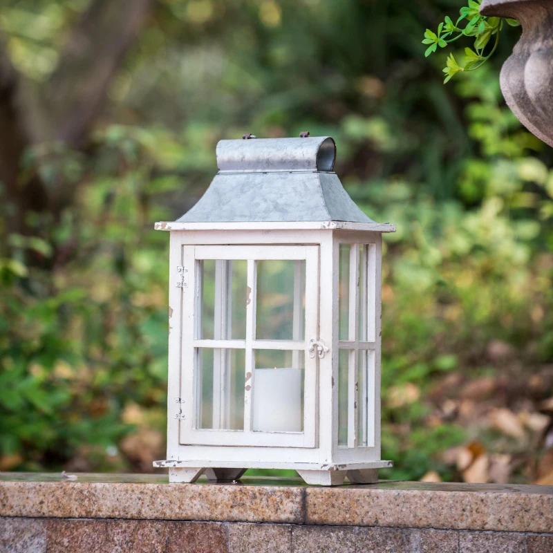 Set of 2 Decorative Hurricane Lantern Candle Holders, One with Lower Drawers, Wood and Glass Construction, for Home Garden Wedding Decor, Ivory