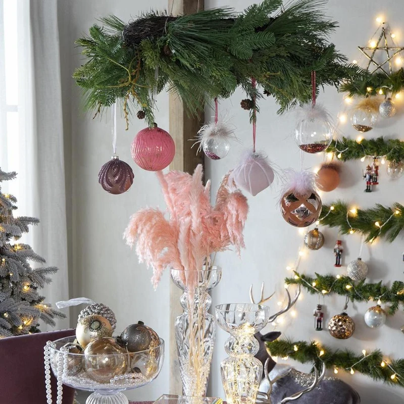 Set of 6 Christmas Ball Ornaments for Holiday Party Decorations, Glass Decorative Hanging Balls, 4" Diameter, Pink