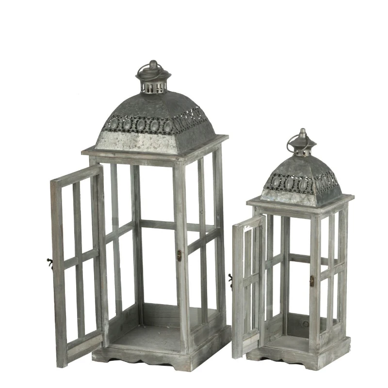 Set of 2 Decorative Hurricane Lantern Holder with Wood and Glass Construction, Candle Lantern Set for Home Garden Wedding Decor, Gray