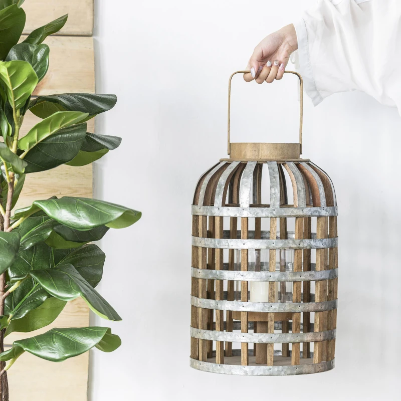 Versatile Decorative Wooden Lantern with Handle, Home Garden Wedding Accent, 11.5" L x 11.5" W x 22.5" H, Silver