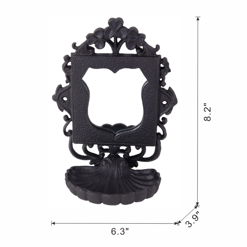 Victorian-Inspired Cast Iron Soap Dish with Mirror, Ornate Design, Calloped Edges, 6.5" L x 4" W x 8" H, Black
