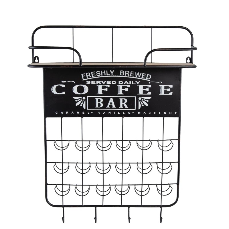 Floating Coffee Bar Shelf with Coffee Pod Holder, Hooks, and Storage Shelf, 23" L x 5.5" W x 29" H, Black