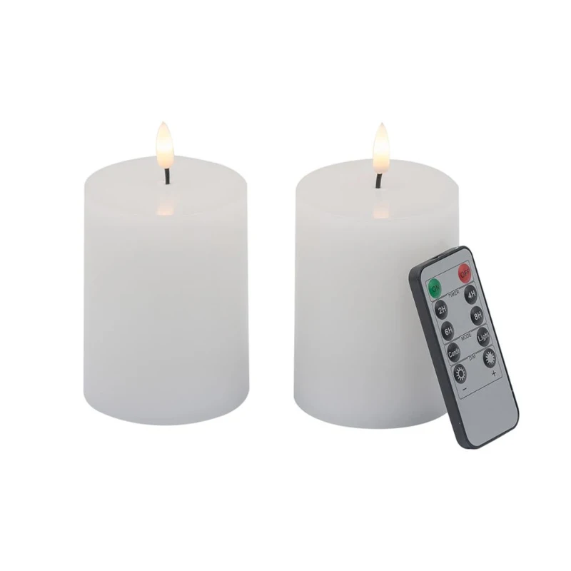 Set of 2 LED Candles with Wick and Remote Control Timer, 3" L x 3" W x 4" H, White