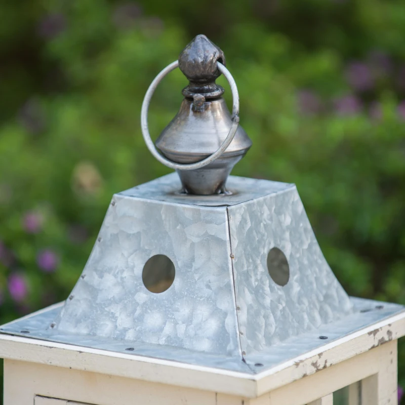 Set of 2 Decorative Hurricane Lantern Holder with Wood and Glass Construction, Candle Lantern Set for Home Garden Wedding Decor, Ivory