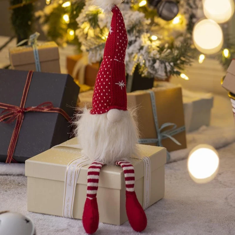 2 Piece Christmas Gnomes Decorations with Fluffy Beards and Striped Legs, Festive Table Ornaments, 4.5" L x 4.5" W x 20" H, White+Red