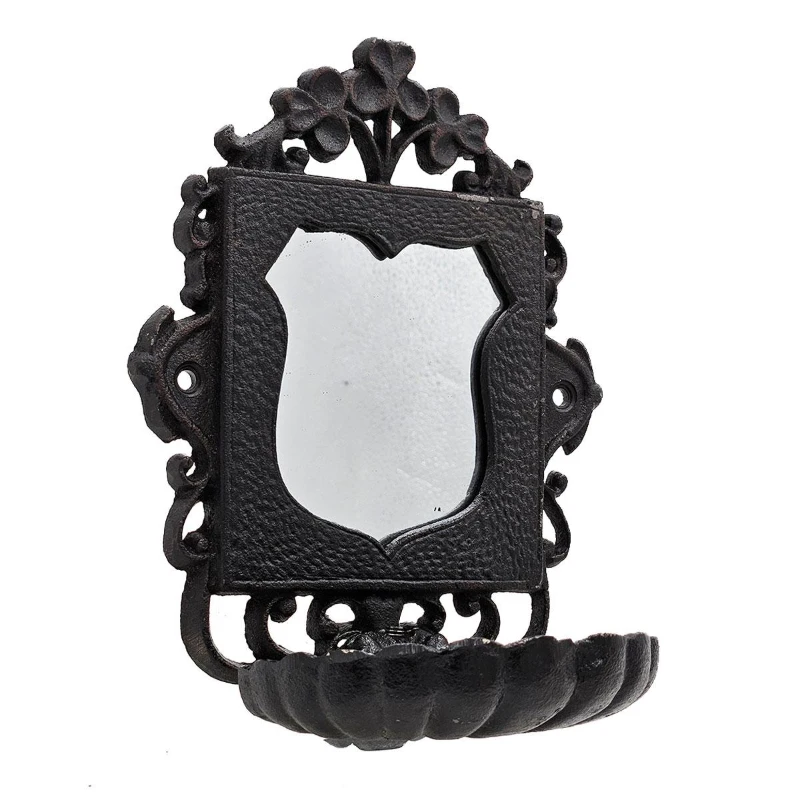 Victorian-Inspired Cast Iron Soap Dish with Mirror, Ornate Design, Calloped Edges, 6.5" L x 4" W x 8" H, Black
