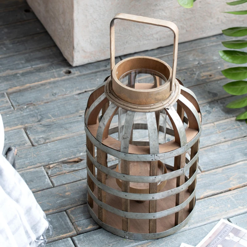 Decorative Industrial Lantern with Wooden and Metal Cage Design, Lantern with Handle for Indoor and Outdoor, 9.5" L x 9.5" W x 18" H, Silver