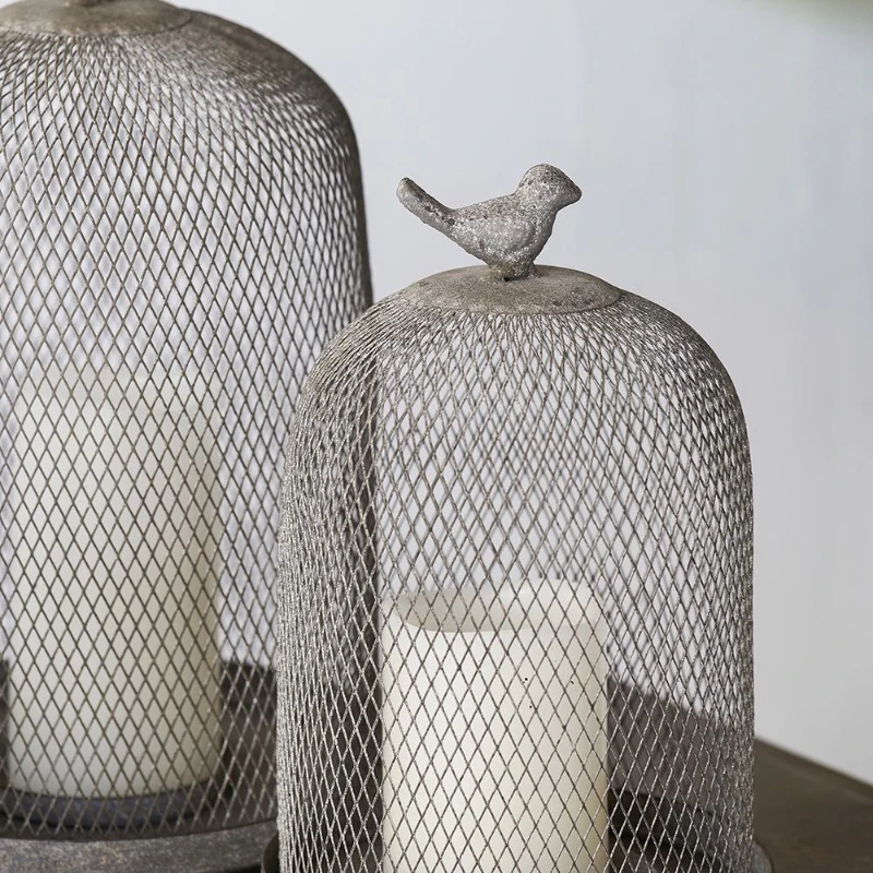 Set of 2 Iron Mesh Candle Holders with Bird Design, Versatile Home Decor for Shelves and Tables, Antique Gray