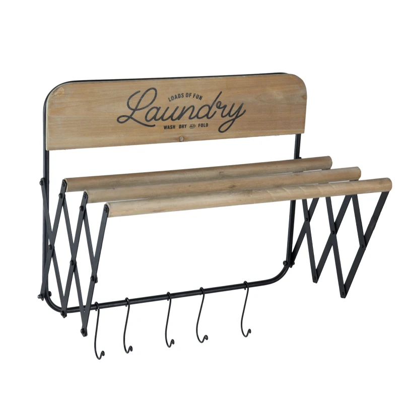 Vintage Farmhouse Charm Wall-Mounted Laundry Rack with Accordion Design, 3 Wooden Bars, 5 Hooks, for Towels and Delicates, Black Brown