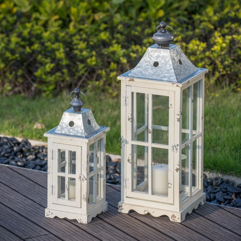 Set of 2 Decorative Hurricane Lantern Holder with Wood and Glass Construction, Candle Lantern Set for Home Garden Wedding Decor, Ivory