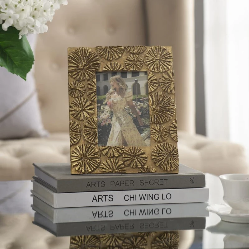 Set of 2 Vintage-Inspired Photo Frames with 4"x6" Opening, Resin and Stone Dust Construction, 7.5" L x 1" W x 9.5" H, Gold