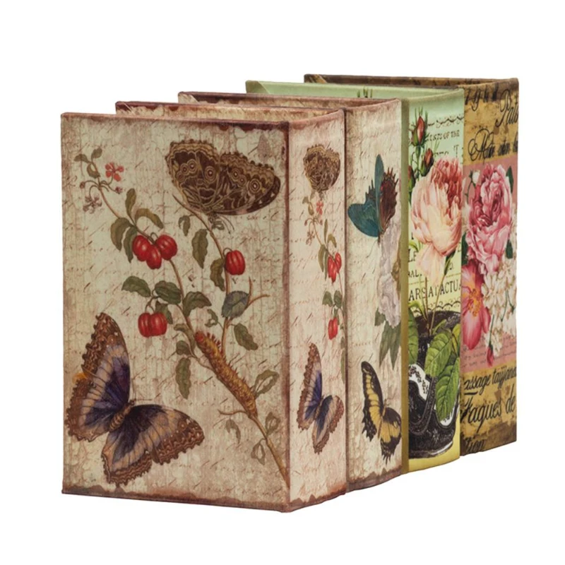 Set of 4 Elegant Design Decorative Book Boxes with Flowers, Butterflies, 4" L x 2" W x 5.5" H, Multicolor
