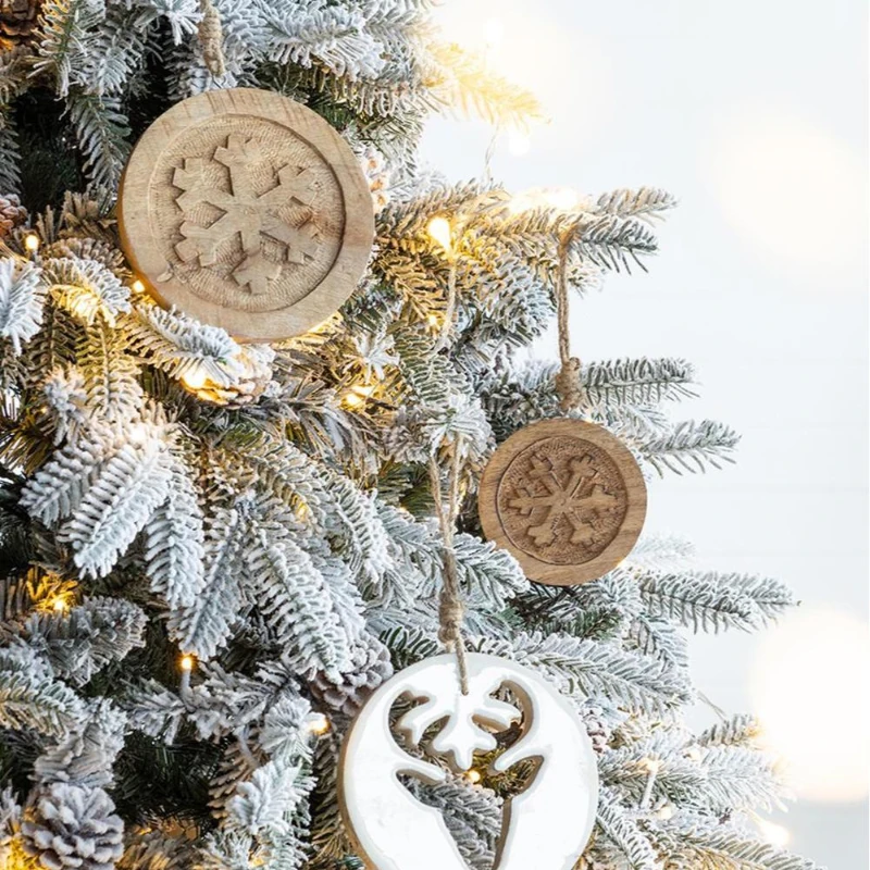 6" Set of 12 Wooden Snowflake Christmas Ornaments, Decorative Hanging Holiday Tree Decorations, Multicolor