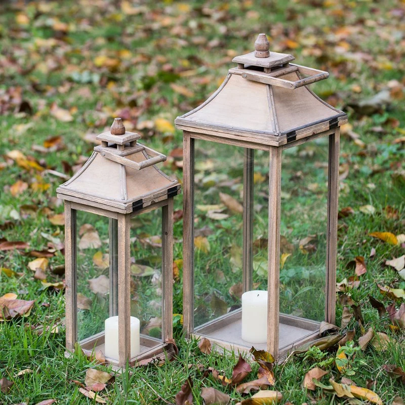 2 Wood and Glass Lantern Set with Elegant Design, Ideal for Home, Garden, or Wedding decor, Ivory