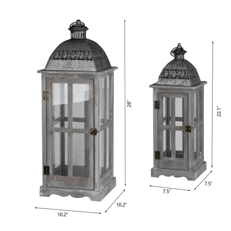 Set of 2 Decorative Hurricane Lantern Holder with Wood and Glass Construction, Candle Lantern Set for Home Garden Wedding Decor, Gray