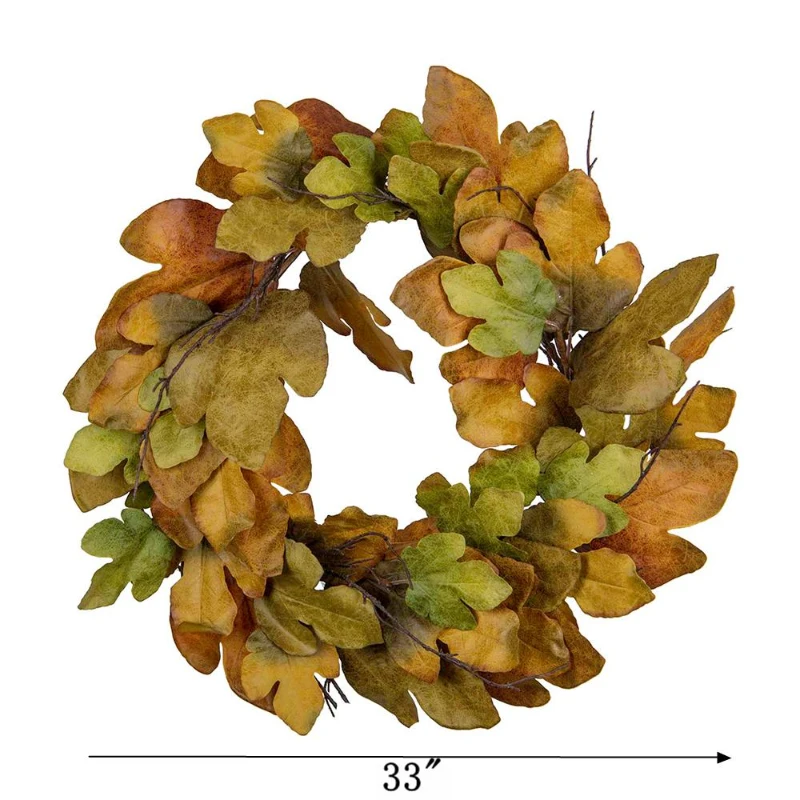 33" Maple Leaf Wreath for Harvest and Thanksgiving, Velvet Leaves Fall Decoration, Green+Mustard