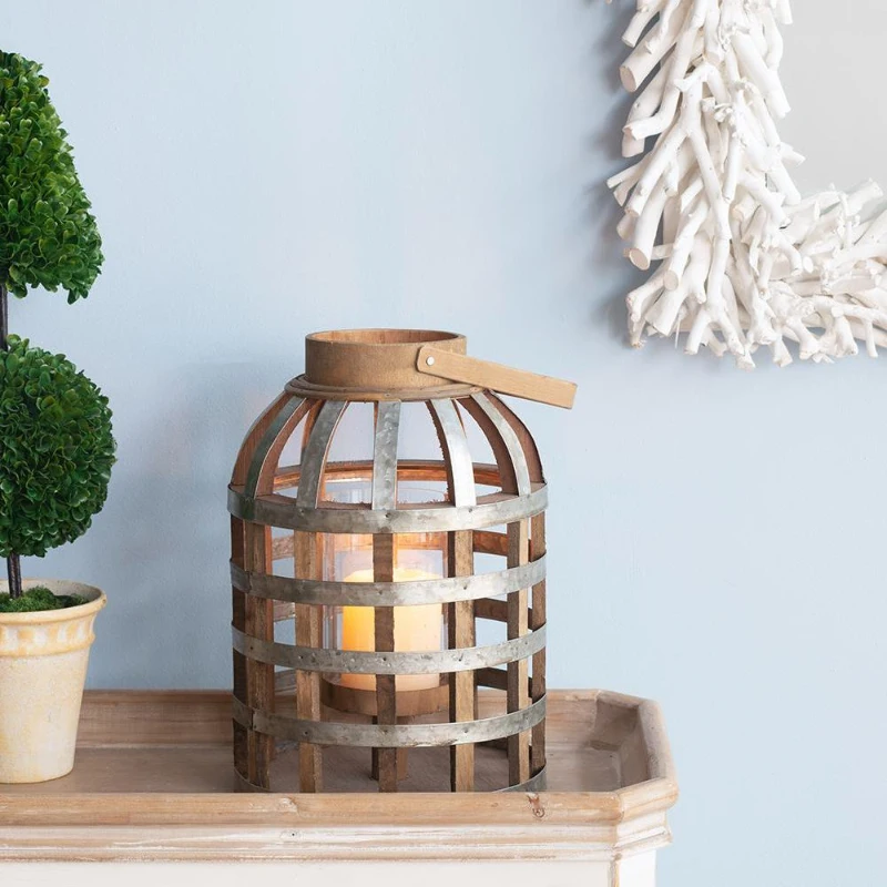 Decorative Industrial Lantern with Wooden and Metal Cage Design, Lantern with Handle for Indoor and Outdoor, 9.5" L x 9.5" W x 18" H, Silver