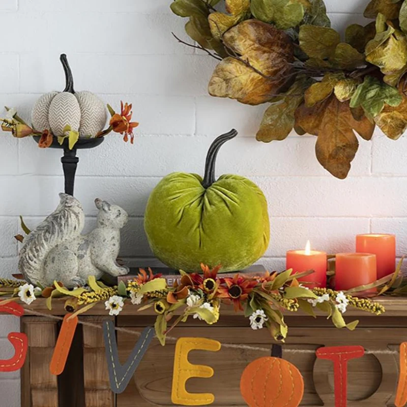 Set of 2 Velvet Weighted Pumpkin Ornaments with Resin Stem, for Holiday Harvest and Thanksgiving Decor, 8.5" L x 8.5" W x 10" H, Green
