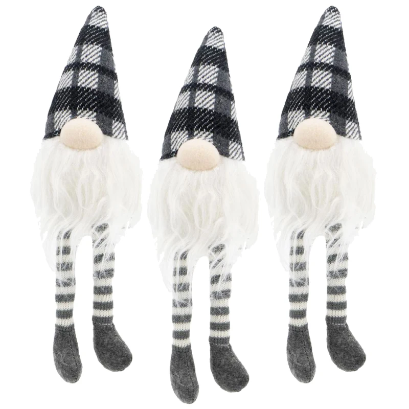 3 Piece Fabric Sitting Gnome Decorations Set, Christmas Table Home Ornaments, 3.5" L x 3.5" W x 14.5" H, White+Gray