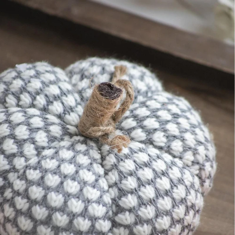 Set of 4 Farmhouse-Inspired Knitted Pumpkin Ornaments, Fall and Thanksgiving Decor, 6" L x 6" W x 5" H, Gray