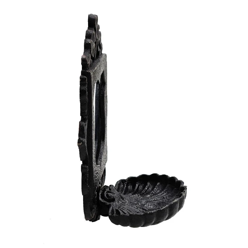Victorian-Inspired Cast Iron Soap Dish with Mirror, Ornate Design, Calloped Edges, 6.5" L x 4" W x 8" H, Black