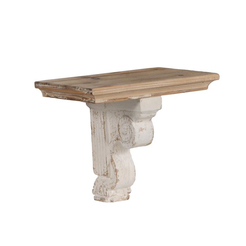 Distressed Wooden Wall Shelf with Corbel Design, Decorative Storage for Home, 14" L x 9" W x 11.5" H, Brown+Antique White