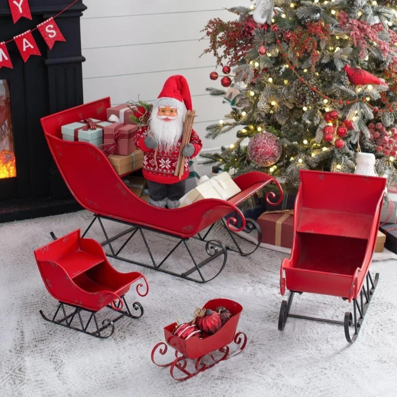 Iron Santa Sleigh Tabletop Decoration, Distressed Christmas Holiday Decor, 14.5" L x 10" W x 11" H, Red+Black