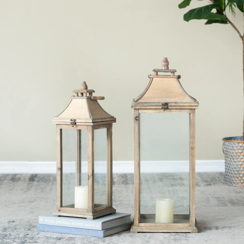 2 Wood and Glass Lantern Set with Elegant Design, Ideal for Home, Garden, or Wedding decor, Ivory
