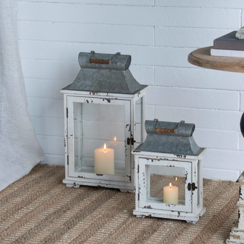 Set of 2 Decorative Hurricane Lantern Holder with Wood and Glass Construction, Candle Lantern Set for Home Garden Wedding Decor, White
