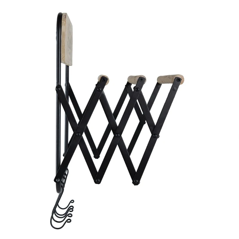 Vintage Farmhouse Charm Wall-Mounted Laundry Rack with Accordion Design, 3 Wooden Bars, 5 Hooks, for Towels and Delicates, Black Brown