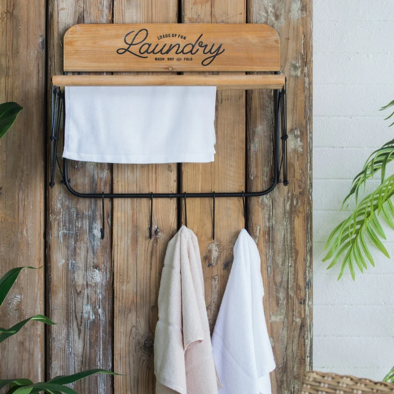 Vintage Farmhouse Charm Wall-Mounted Laundry Rack with Accordion Design, 3 Wooden Bars, 5 Hooks, for Towels and Delicates, Black Brown