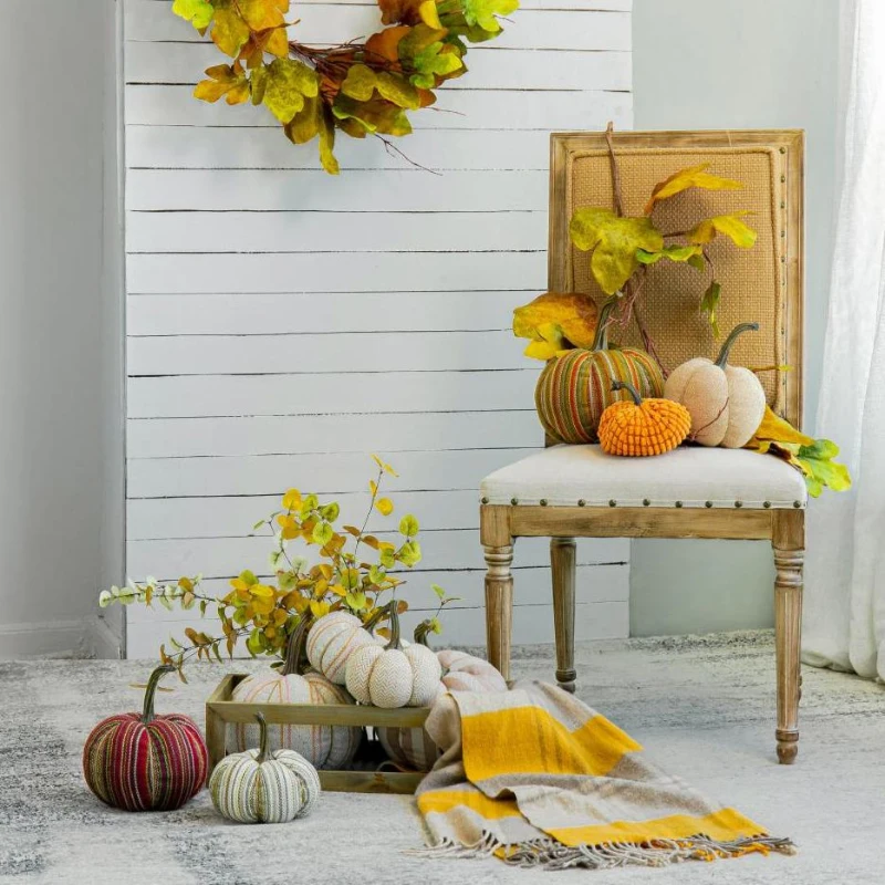 Set of 2 Fabric Weighted Pumpkin Ornaments, for Holiday Harvest, Fall Festival, and Thanksgiving Decor, 7" L x 7" W x 8" H, Beige