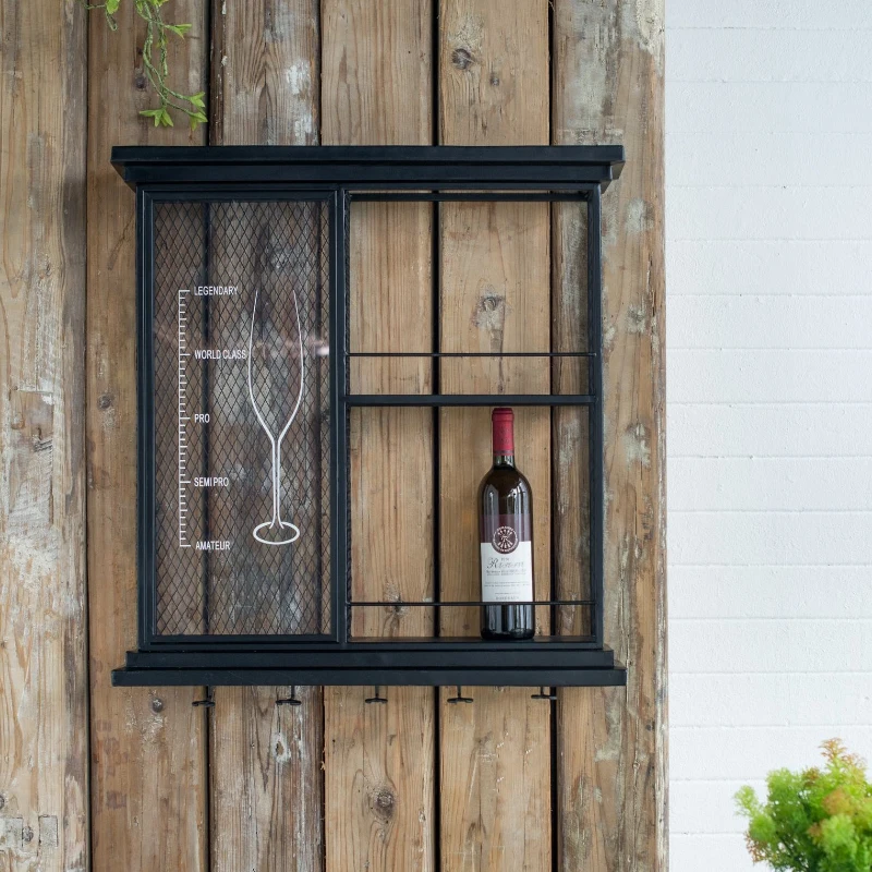 Floating Wine Bar Shelf with Glass Holder and Display Shelves, Iron Construction, Two-Tiered Storage, 26" L x 5" W x 28.5" H, Black