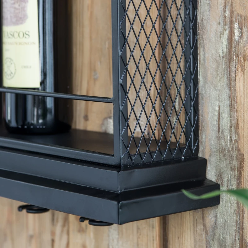 Floating Wine Bar Shelf with Glass Holder and Display Shelves, Iron Construction, Two-Tiered Storage, 26" L x 5" W x 28.5" H, Black