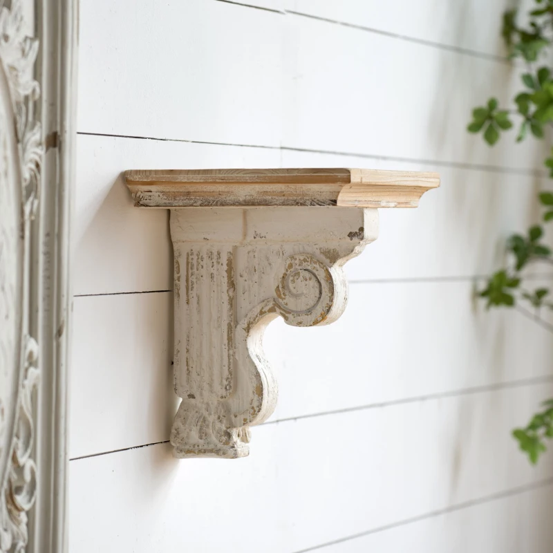 Distressed Wooden Wall Shelf with Corbel Design, Decorative Storage for Home, 14" L x 9" W x 11.5" H, Brown+Antique White