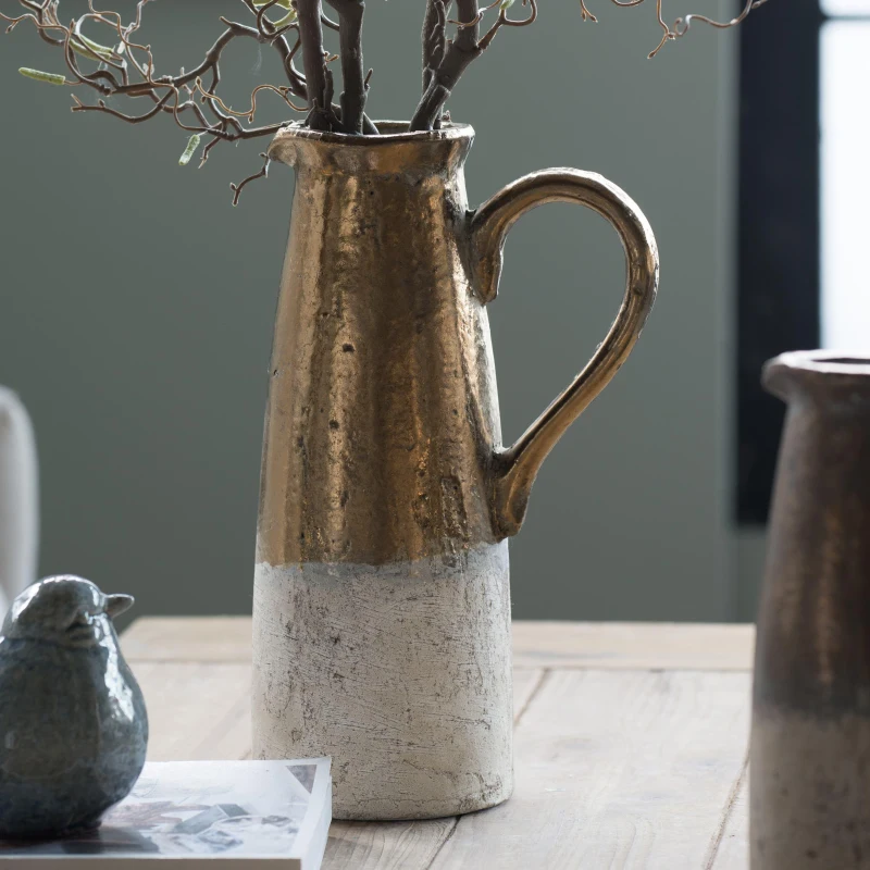 Ceramic Terracotta Pitcher with Vintage Design, Textural Finish, 9" L x 6" W x 14.5" H, Brown