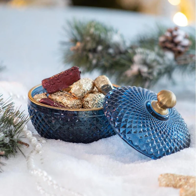 Set of 2 Vintage-Inspired Glass Candy Jars with Lids, Diamond-Cut Texture, Ideal for Candy, Jewelry, and Trinkets, 5" L x 5" W x 5" H, Blue+Gold